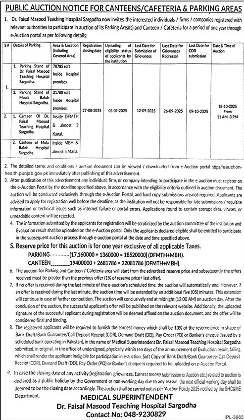 Dr Faisal Masood Teaching Hospital Sargodha Tender Notice